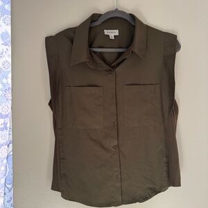 Evereve Dark Olive Sleeveless Button Down Shirt